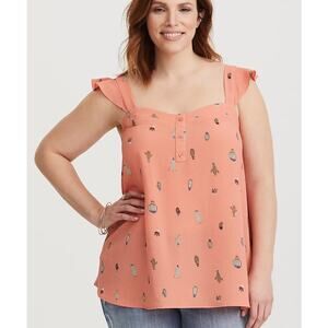 Torrid Coral Pink Cactus Print Button Down Cap Sleeve Tank Top Plus Size 0X